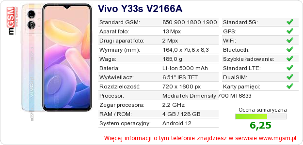 Dane telefonu Vivo Y33s V2166A