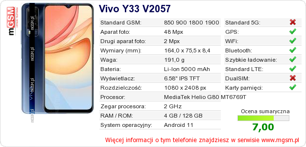 Dane telefonu Vivo Y33 V2057