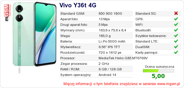 Dane telefonu Vivo Y36t 4G