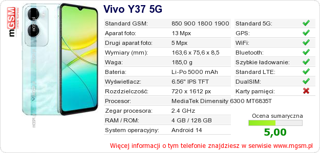 Dane telefonu Vivo Y37 5G