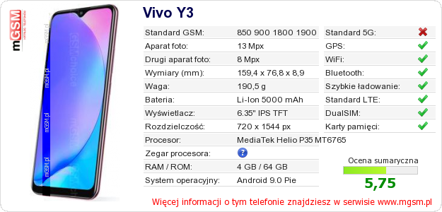 Dane telefonu Vivo Y3