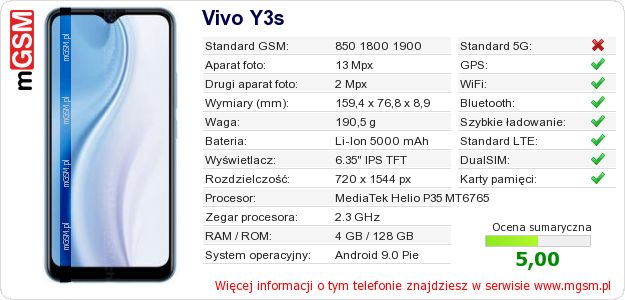 Dane telefonu Vivo Y3s