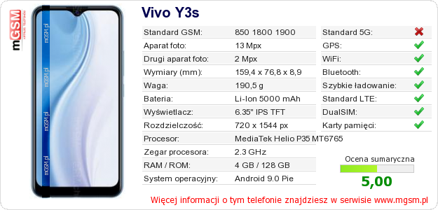 Dane telefonu Vivo Y3s
