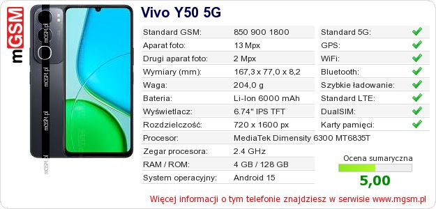 Dane telefonu Vivo Y50 5G Dane telefonu Vivo Y50 5G