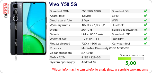 Dane telefonu Vivo Y50 5G