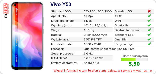 Dane telefonu Vivo Y50 Dane telefonu Vivo Y50