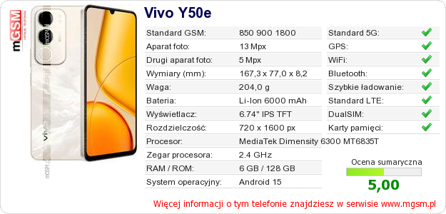 Dane telefonu Vivo Y50e Dane telefonu Vivo Y50e