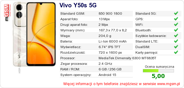 Dane telefonu Vivo Y50s 5G