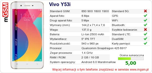Dane telefonu Vivo Y53i