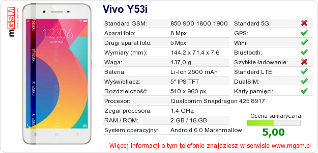 Dane telefonu Vivo Y53i