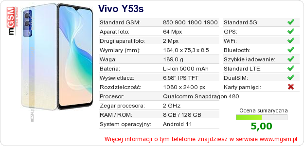 Dane telefonu Vivo Y53s