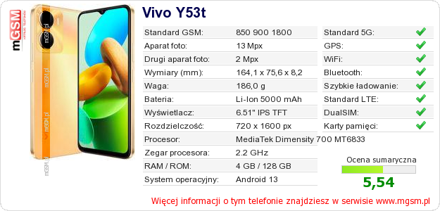 Dane telefonu Vivo Y53t