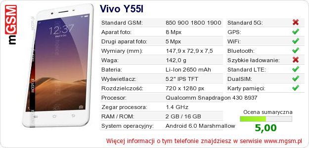 Dane telefonu Vivo Y55l