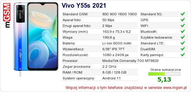 Dane telefonu Vivo Y55s 2021