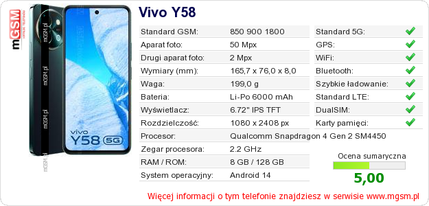 Dane telefonu Vivo Y58