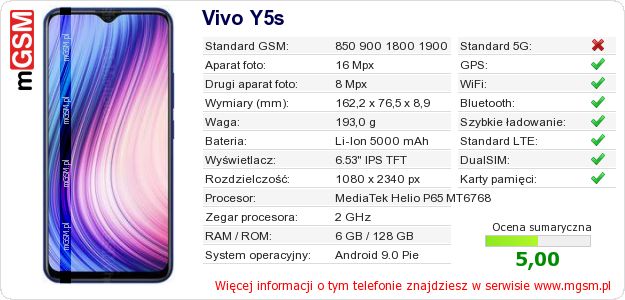 Dane telefonu Vivo Y5s