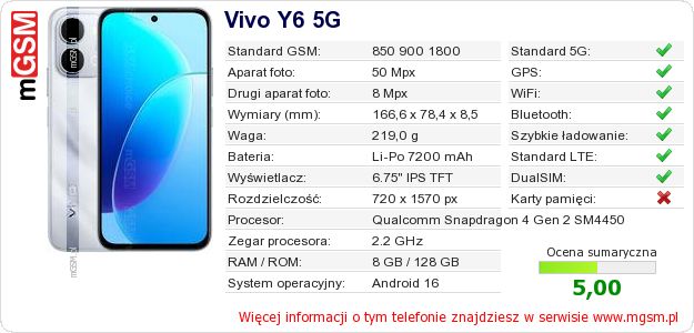 Dane telefonu Vivo Y6 5G Dane telefonu Vivo Y6 5G
