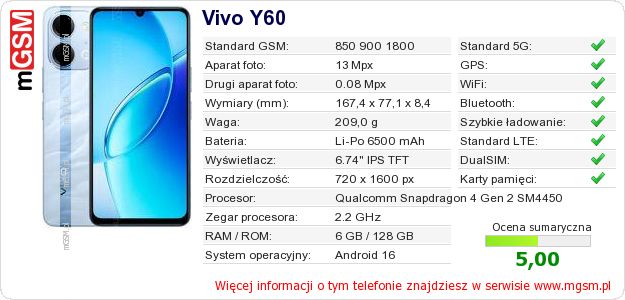 Dane telefonu Vivo Y60