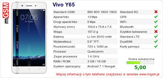 Dane telefonu Vivo Y65 Dane telefonu Vivo Y65