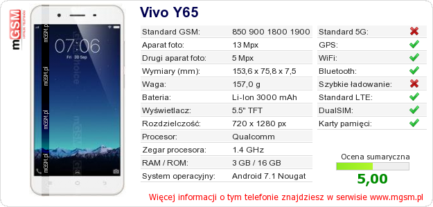 Dane telefonu Vivo Y65 Dane telefonu Vivo Y65