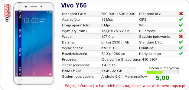 Dane telefonu Vivo Y66