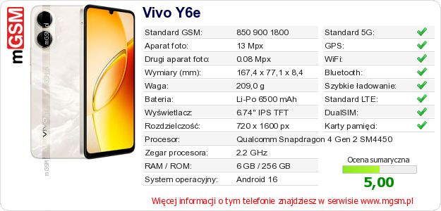 Dane telefonu Vivo Y6e