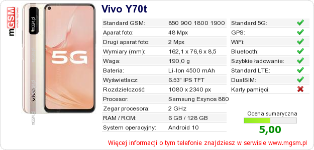 Dane telefonu Vivo Y70t