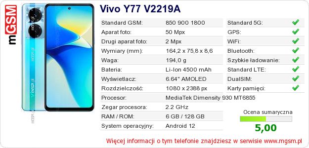 Dane telefonu Vivo Y77 V2219A Dane telefonu Vivo Y77 V2219A