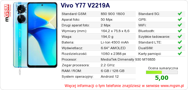 Dane telefonu Vivo Y77 V2219A