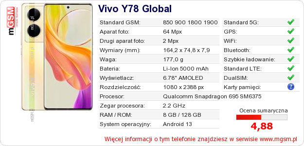 Dane telefonu Vivo Y78 Global