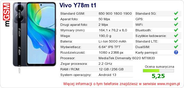 Dane telefonu Vivo Y78m t1