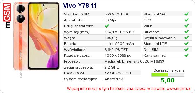 Dane telefonu Vivo Y78 t1