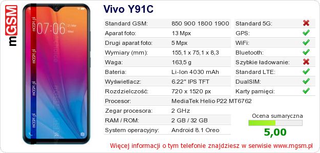 Dane telefonu Vivo Y91C