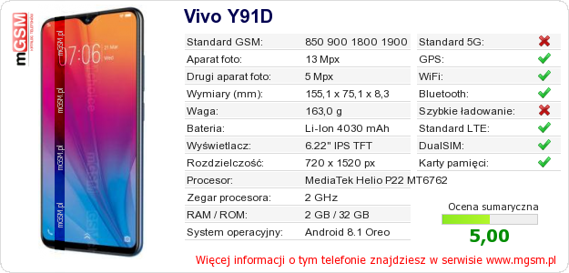Dane telefonu Vivo Y91D