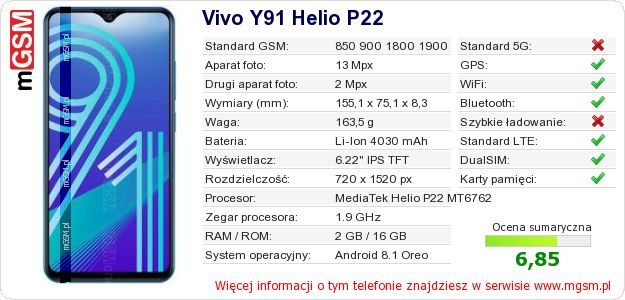 Dane telefonu Vivo Y91 Helio P22 Dane telefonu Vivo Y91 Helio P22