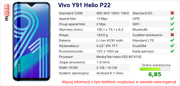 Dane telefonu Vivo Y91 Helio P22 Dane telefonu Vivo Y91 Helio P22
