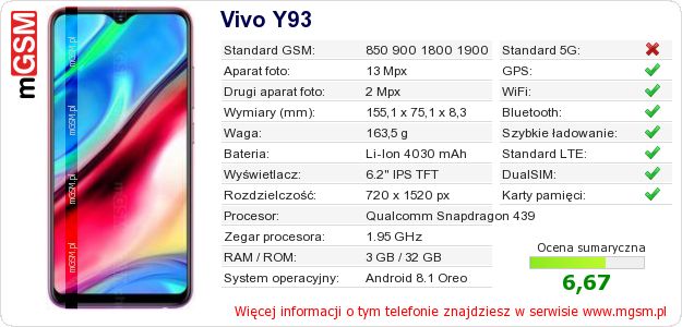 Dane telefonu Vivo Y93