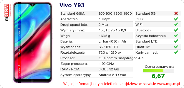 Dane telefonu Vivo Y93