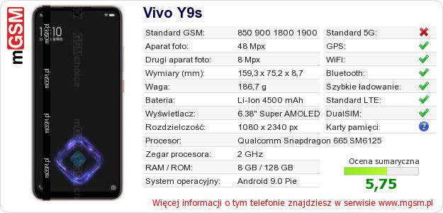 Dane telefonu Vivo Y9s
