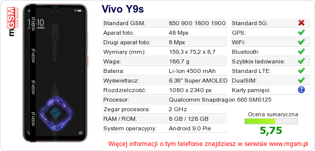Dane telefonu Vivo Y9s
