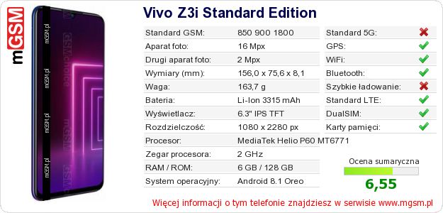 Dane telefonu Vivo Z3i Standard Edition
