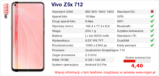 Dane telefonu Vivo Z5x 712 Dane telefonu Vivo Z5x 712