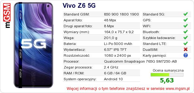 Dane telefonu Vivo Z6 5G Dane telefonu Vivo Z6 5G