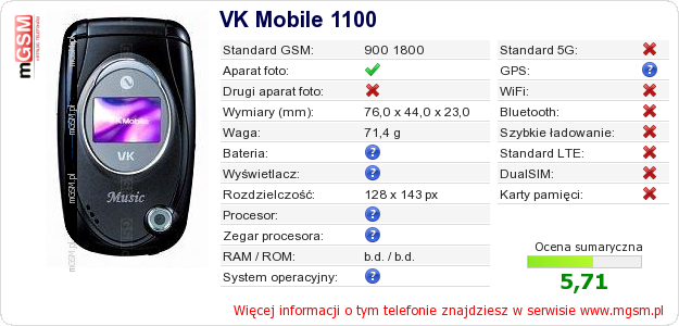 Dane telefonu VK Mobile 1100 Dane telefonu VK Mobile 1100