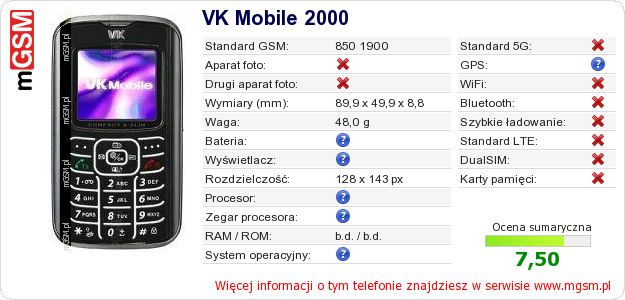 Dane telefonu VK Mobile 2000 Dane telefonu VK Mobile 2000