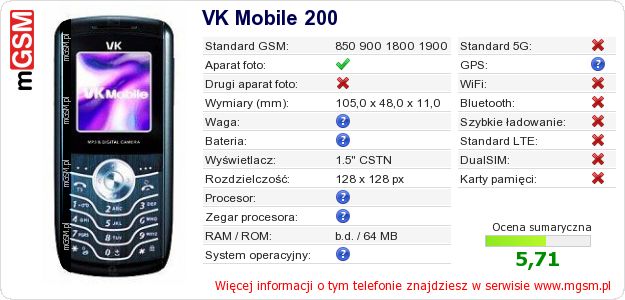 Dane telefonu VK Mobile 200 Dane telefonu VK Mobile 200