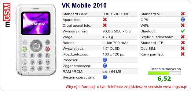 Dane telefonu VK Mobile 2010 Dane telefonu VK Mobile 2010