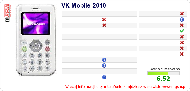 Dane telefonu VK Mobile 2010