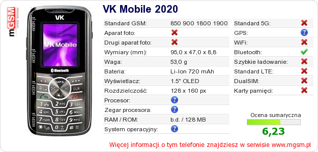 Dane telefonu VK Mobile 2020