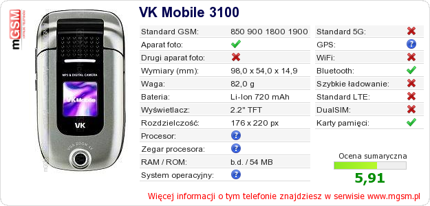 Dane telefonu VK Mobile 3100